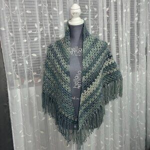 Handmade Green Crochet Fringe Shawl - Women's Accessory